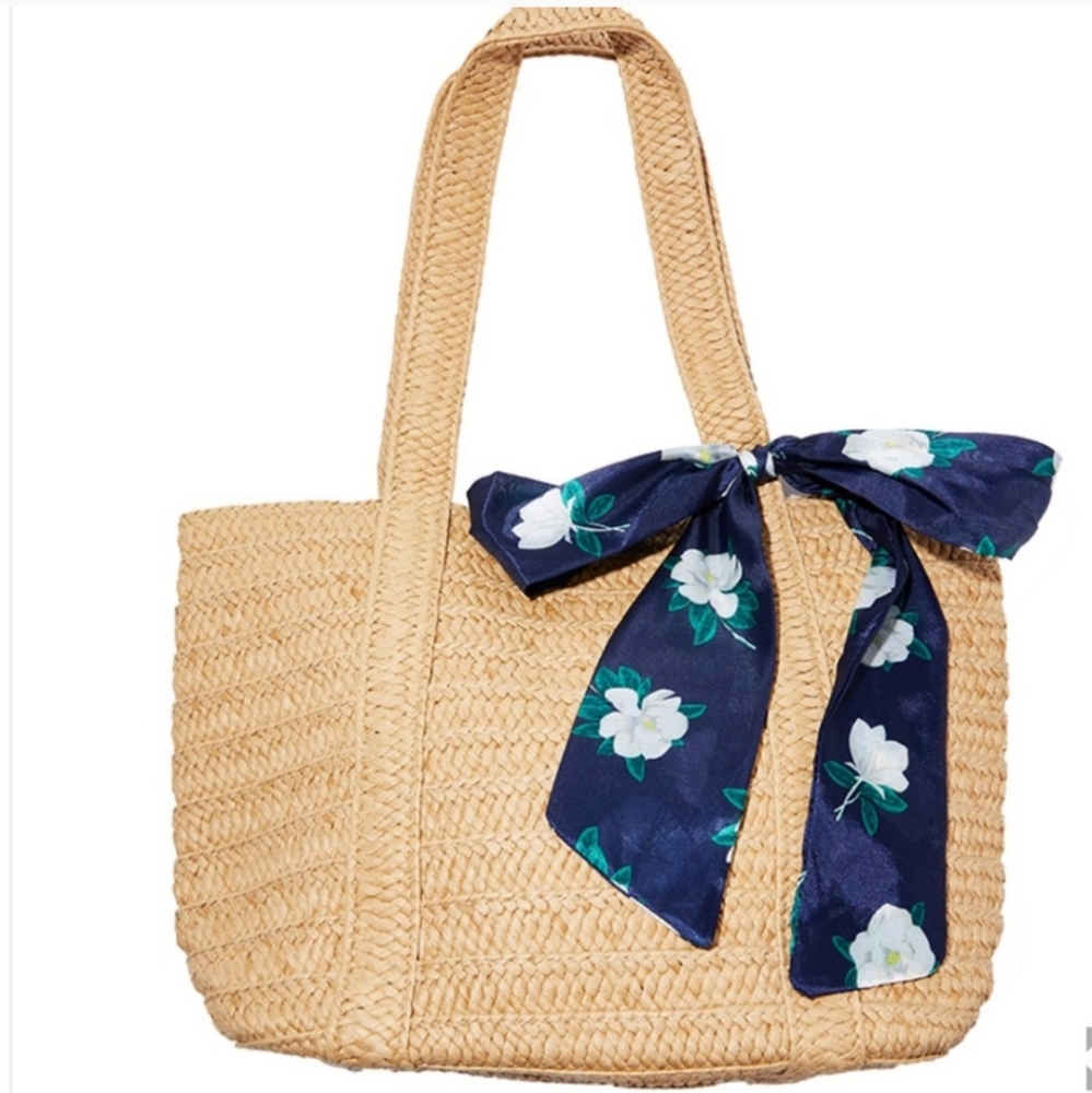 Draper James Straw Bag with Floral Navy Scarf New